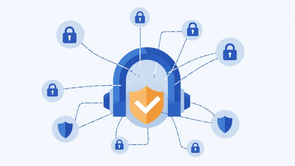 Illustration einer digitalen Sicherheit und Datenschutz, umgeben von Schlosssymbolen und Schutzschilden.