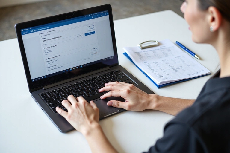 Eine Person, die online einen Termin auf einem Laptop bucht, mit einem Kalender und einem Stift im Hintergrund, symbolisiert Organisation und Planung.